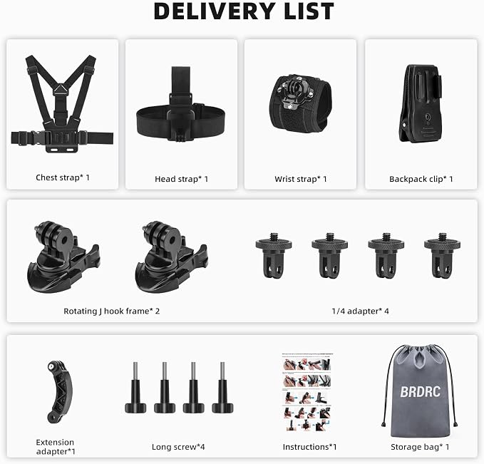 BRDRC Accessories Kit for Insta 360 X5 X6 X4 Air, Chest Mount Head Strap Harness Backpack Clip Holder Wrist Strap, 360°Rotating Adapter + Quick Release for Insta360 One X3 X Camera Accessory Bundle - Image 9
