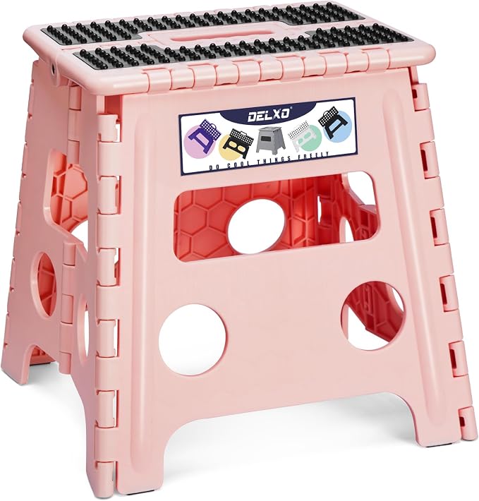 Delxo Folding Step Stool 13 Inch,300 Lbs Step Stool for Adults Pink | Foldable Step Stool 13",Non-Slip Foot Stools with Handle,Lightweight Collapsible stools for Kitchen,Bathroom,Bedroom,Garden by Delxo
