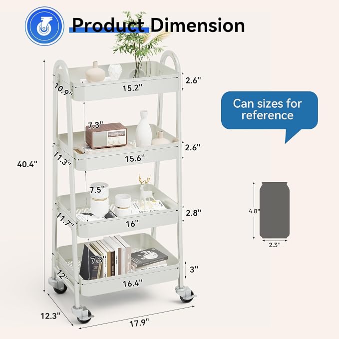 NEWBULIG 4-Tier Metal Rolling Storage Utility Cart with Lockable Wheels | Mobile Organizer Shelf, Space-Saving, Freestanding, Bathroom, Living Room, Slim, Narrow Corner Spaces, White - Image 4
