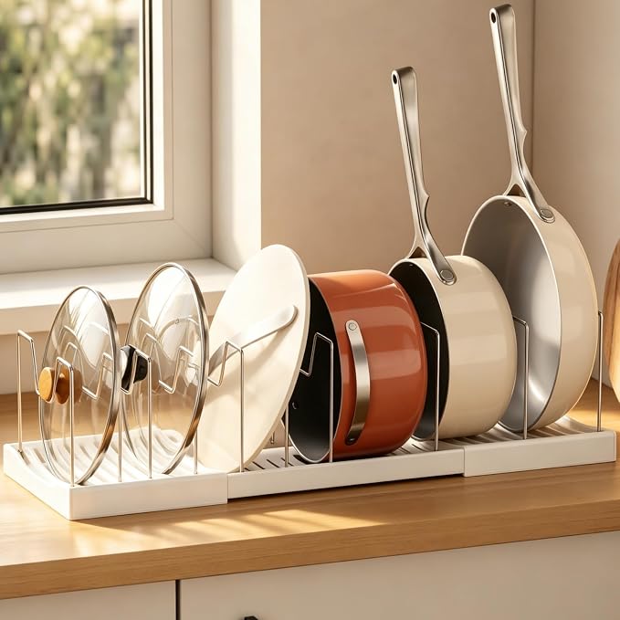 Magheo Pots and Pans Organizer Under Cabinet, Expandable 12.6"-22.8" Kitchen Cabinet Organizer Holder with 10 Adjustable Dividers for Food Storage Container Lid, Cookie Sheet, Cookware(1 Pack, White) by MAGHEO