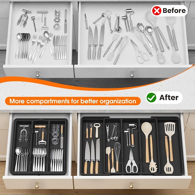Large Expandable Silverware Drawer Organizer, Utensil Tray | Kitchen Drawer Organizer for Spoons/Forks/Knives, Multipurpose & BPA Free Cutlery Tray(2 Pack, Black) - Image 4