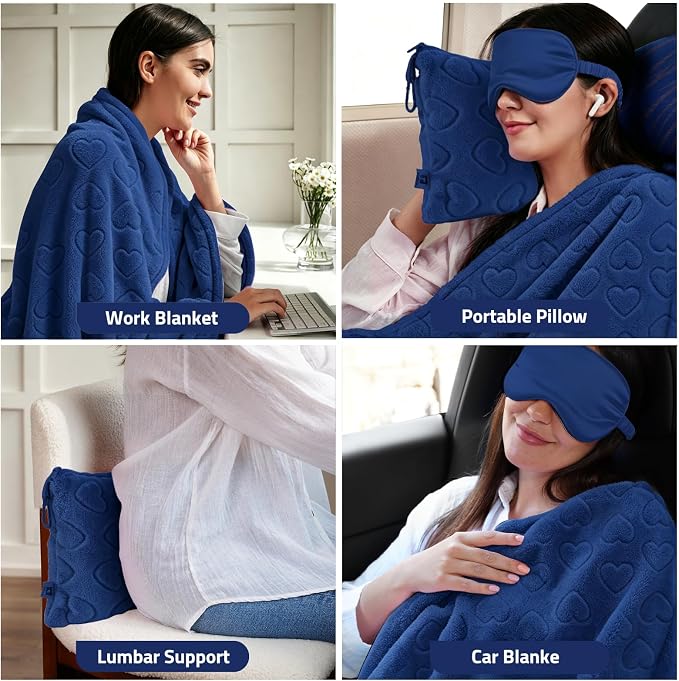 Travel Blanket, Airplane Blanket, Ultra-Soft, Warm & Lightweight, 65x40 in, Outdoor Blanket Essentials for Women, Men & Kids, Included Eye Mask, Luggage Sleeve & Backpack Clip Heart Navy Blue - Image 4