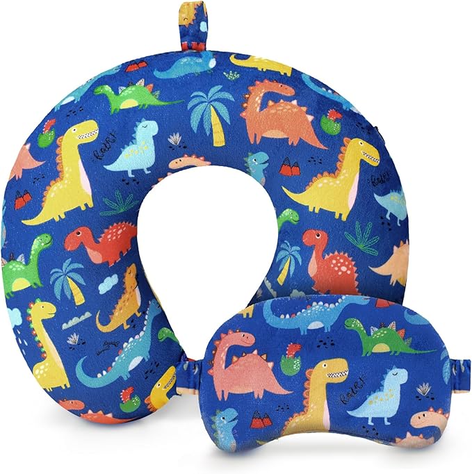 Gilprop 2 Pcs Dinosaur Travel Pillow with Sleep Eye Mask, U Shaped Memory Foam Headrest & Neck Pillow with Washable Cover, Soft Neck Head Support Travel Accessories for Airplane Car Train Bus Trips by Gilprop