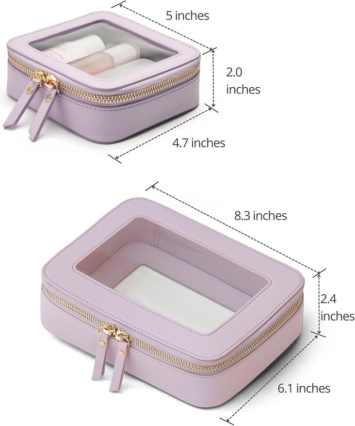 Clear Makeup Bag with Zipper, Set of 2, Mini and Medium, Purple | Clear Travel Bags for Toiletries, Structured Cosmetic Case for Women, Waterproof PU Leather, Wide Open Portable Car Organier - Image 2