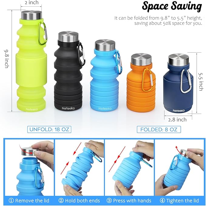 Nefeeko Collapsible Water Bottle, Reuseable BPA Free Silicone Water Bottles | Foldable Water Bottles for Travel Gym Camping Hiking, Portable Leak Proof Sports Water Bottle with Carabiner - Image 2