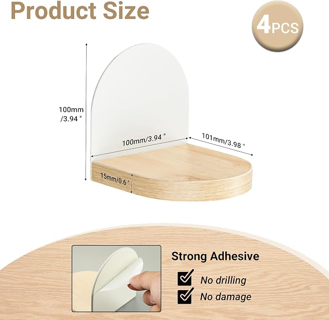SAYAYO Small Floating Shelves for Wall Storage, 4 x 4 Inch Adhesive Shelves | Mini Shelf for Bedroom Decor, Display Wood Shelf Organizer with White Base for Living Room, Office, Balcony, 4 PCS - Image 2