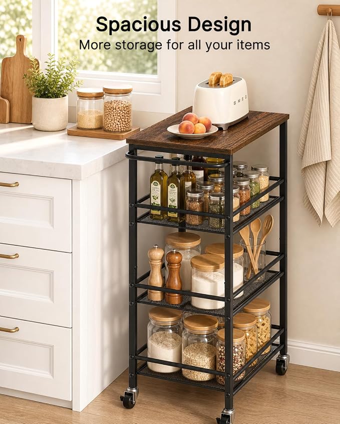 Pipishell Metal 4 Tier Laundry Storage Cart with Wheels, Handle & Wood Top | 10.83" Wide, Larger Storage Spaces, Rust-Resistant Steel, Ventilated Mesh, Anti-Fall Crossbars, 44 lbs Weight Capacity - Image 4