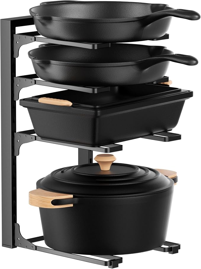 MUDEELA Pot and Pan Organizer Under Cabinet 15.75", 4-Tier Pot Rack, 1 Pack | Adjustable Tier, Tool-Free Assembly, Max 88 Lbs, Fits Cast Iron Pans, Skillets & Heavy Shallow Cookware, For Kitchen Cabinets by MUDEELA