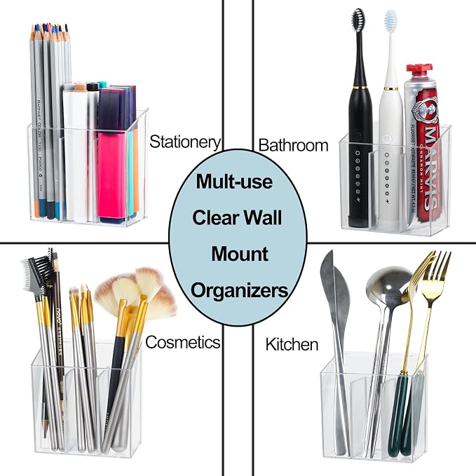 ZEXALOR Wall Mounted Storage Organizer Bins Organizing Shelf Basket Clear Plastic Makeup Organizer Adhesive Hanging Bin Fridge Organizer for Bathroom,Kitchen,Cabinet,Pantry,Countertops (3.7×2.6×3.9") - Image 2