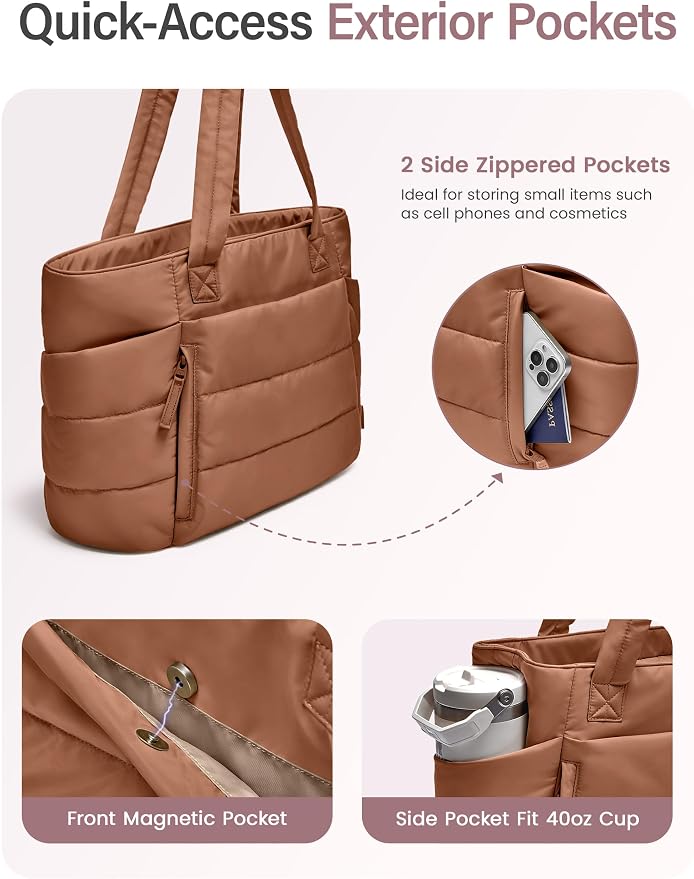 Uselike Tote Bag for Women with Zipper, Quilted Puffer Tote Bag with Compartments, Lightweight Puffy Work Bags for Women - Image 4