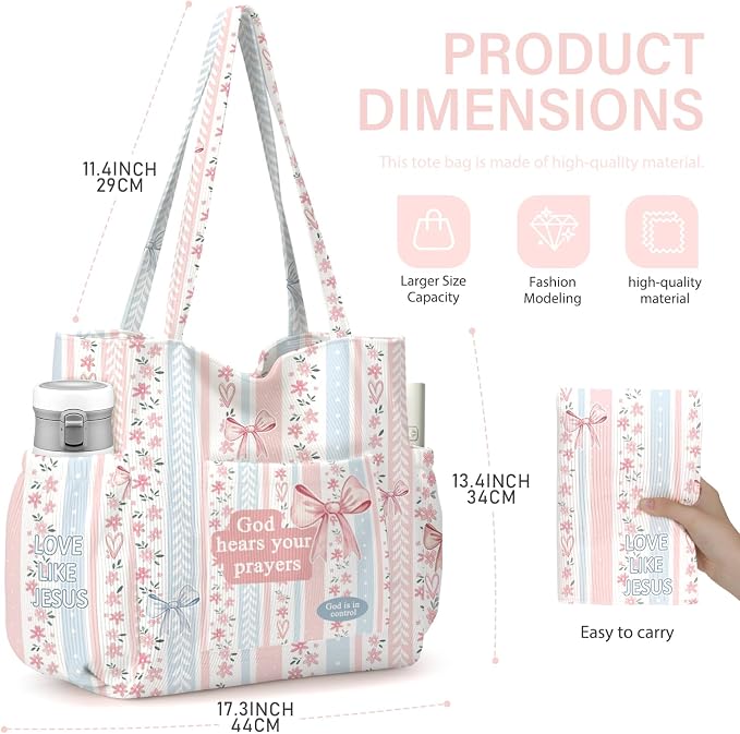 Corduroy Tote Bag for Women,Large Capacity Cute Tote Bags With 6 Pockets,Crossbody Shoulder Handbag for Work Travel Gym - Image 5