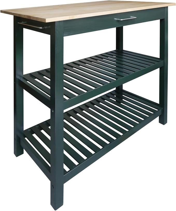 Kitchen Island with Solid Wood Top, Natural/Hunter Green by CasualHome