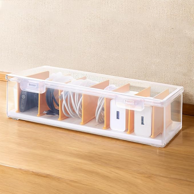 PAVSTINE Clear Cable Organizer Box with Lid and Adjustable Dividers | Customizable Compartments, Stackable for Space Saving, Fits Chargers, Cords & Accessories, Compact for Desk or Drawer by PAVSTINE
