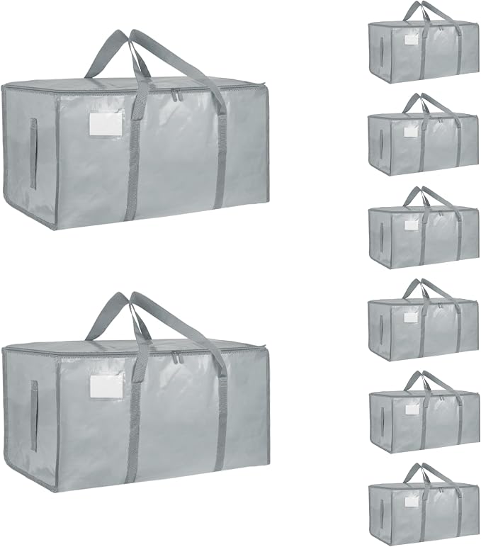 8 Pack-Extra Large Heavy Duty Moving Bags - Waterproof Storage Totes with Handles & Zippers, Foldable for College Dorm, Storage (light gray) by Unknown