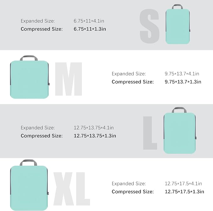 4 Set Compression Packing Cubes Travel - Travel Accessories Expandable Packing Organizers for Carry On - Essentials Luggage Bags - Light Teal - Image 5