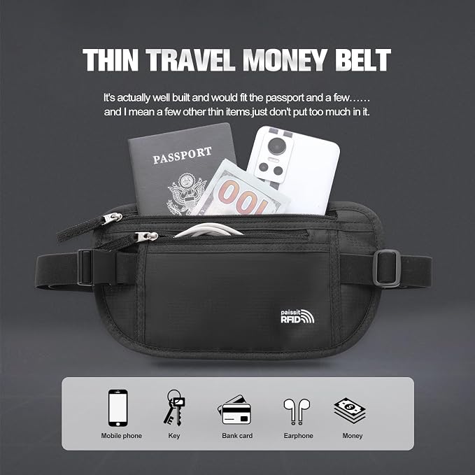Small Unisex Money Belt For Men and Women, Slim Passport Holder RFID Blocking Travel Essentials Pouch with Adjustable Strap Small Waist Pouch for Workout Running Travelling Hiking, Black & 8 Sleeves - Image 3