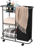 3-Tier Rolling Laundry Cart with Wheels and 45L Bag, Black | Between Washer and Dryer, Heavy Duty, For Narrow Space Laundry Room Bathroom Bedroom by Lucalda