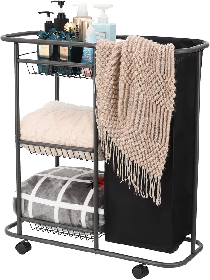 3-Tier Rolling Laundry Cart with Wheels and 45L Bag, Black | Between Washer and Dryer, Heavy Duty, For Narrow Space Laundry Room Bathroom Bedroom by Lucalda