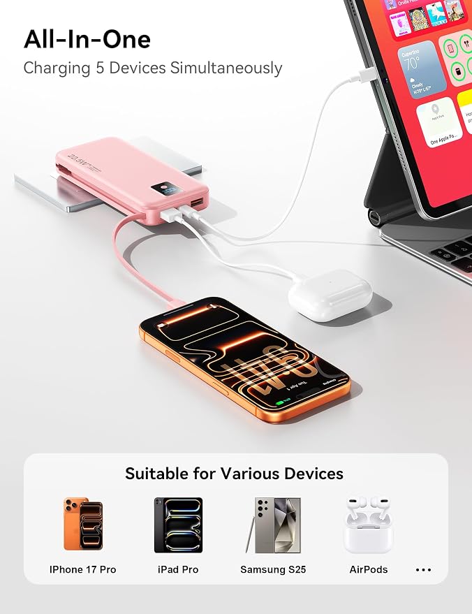 Portable Charger 12000mAh 22.5W w/Built-in Cable & Wall Plug Pink | 22.5W fast charging, LED display, Charging 5 devices at once, Pass through charging, TSA approved, Compatible with iPhone - Image 7