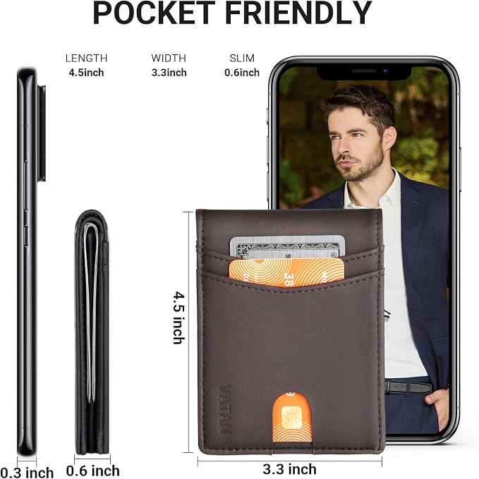 VATAN Wallet for Men Slim RFID Blocking Leather Credit Card Holder Wallet for 15 Cards, Bifold Minimalist Thin Wallet with 2 ID Windows & Cash Slot, With Gift Box (Crazy Horse Deep Brown) - Image 4