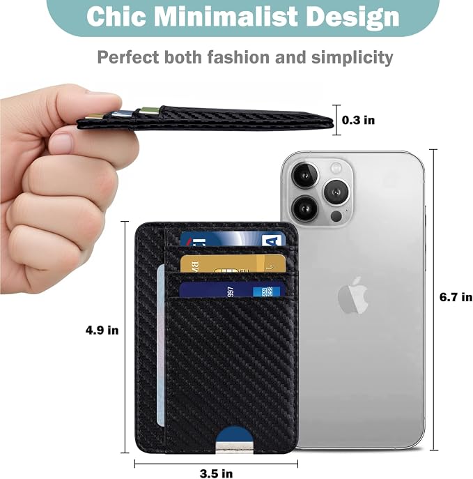 HOTCOOL Slim Wallet for Men, Minimalist Front Pocket Simple Leather Credit Card Holder RFID Blocking for Men & Women, Thin Organizer Gifts, Carbon Fiber - Black - Image 3