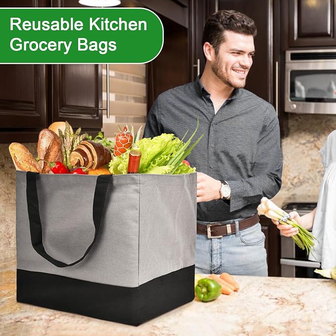 3 Pack Canvas Reusable Grocery Bags Heavy Duty, 8.3 gal Foldable Large Tote Bag with Handles, Holds 60 lbs Canvas Shopping Bags & Washable Eco-friendly Bags with 5 Pockets, Grey+Black - Image 2