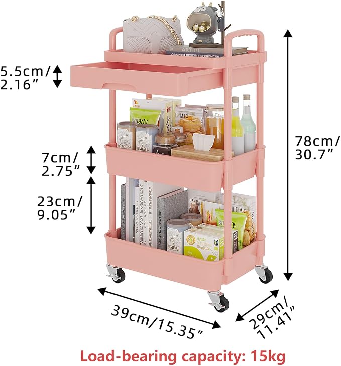 Calmootey 3-Tier Utility Cart with Drawer & Wheels, Storage for Home,Office | Space-Saving Organizer, Sturdy Plastic Shelves, Smooth-Rolling Metal Wheels, Built-in Drawer for Small Items, Pink - Image 5