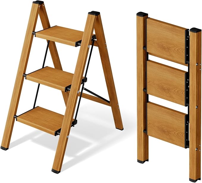 Mayi Plus 3 Step Stool Foldable, Aluminum, Lightweight Step Ladder | Extra-wide anti-slip folding steps with 330 lbs, for home,kitchen,office,outdoor,Woodgrain by MAYIPLUS