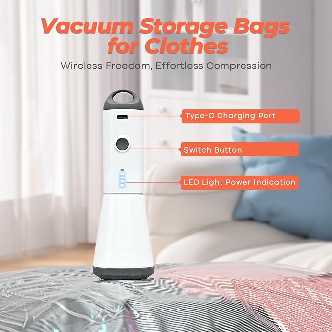 Vacbird 18 Pack Vacuum Storage Bags Set with Rechargeable Wireless Pump Large/Medium/Small Vacuum Seal Bags for Clothing Travel and Home, Compression Packing for Comforters, Blankets and Bedding - Image 3