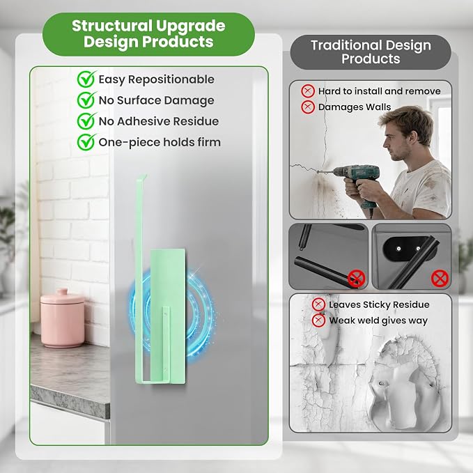 Paper Towel Holder, Magnetic Paper Towel Holder for Fridge, Toilet Paper Roll Holder Magnet Towel Rack Wall Mount Fridge Organizer for Paper Towels Rolls Bathroom Pantry RV Kitchen Storage Green - Image 5