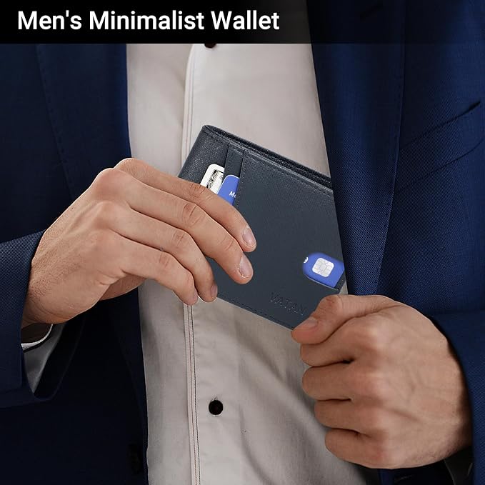 VATAN Wallet for Men Slim RFID Blocking Leather Credit Card Holder Wallet for 15 Cards, Bifold Minimalist Thin Wallet with 2 ID Windows & Cash Slot, With Gift Box (Cross Grain Deep Blue) - Image 2