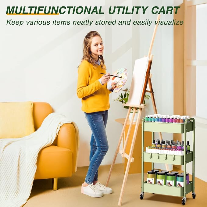 LEHOM 3 Tier Rolling Cart, Metal Rolling Utility Cart with Lockable Wheels | Multi-Functional Heavy Duty Storage Cart Organizer for Bathroom, Kitchen, Office, Living Room, Rolling Storage Trolley - Image 8