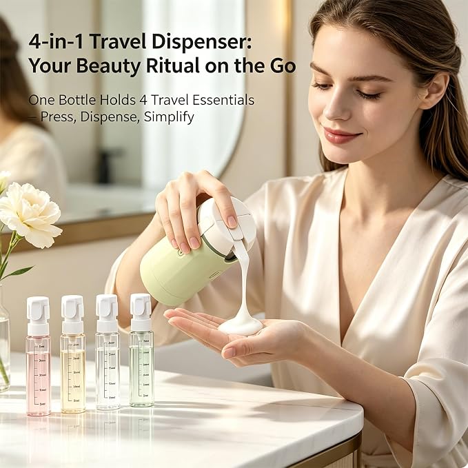 4 in 1 Travel Dispenser Bottle, One-Press No Squeeze Toiletries Set | TSA Approved 4x30ML Leakproof Travel Containers, Refillable Shampoo Lotion Bottles with Labels & Scale, Cream 2White - Image 2