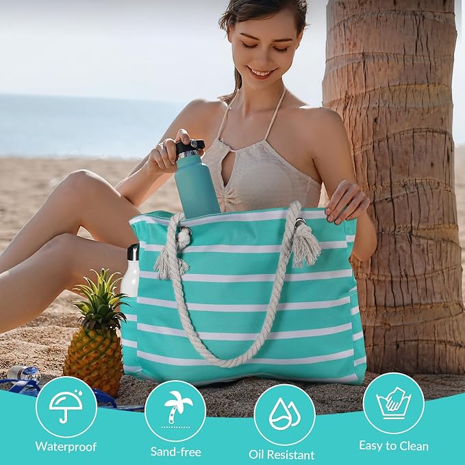 Clothirily Beach Bag for Women, Large Beach Tote Bag Waterproof with Zipper | Large Capacity Swim Pool Bag, Inner Pockets, Sandproof Foldable Beach Tote for Travel Essentials - Image 6