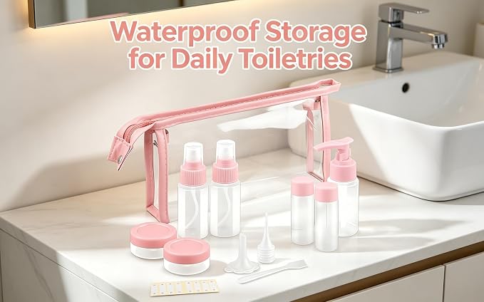 11-Pack Pink Travel Bottles Kit, TSA Approved Leak Proof Portable Toiletry Containers Set, Clear PET Flight Size Cosmetic Containers for Lotion, Shampoo, Cream, Soap - Image 6