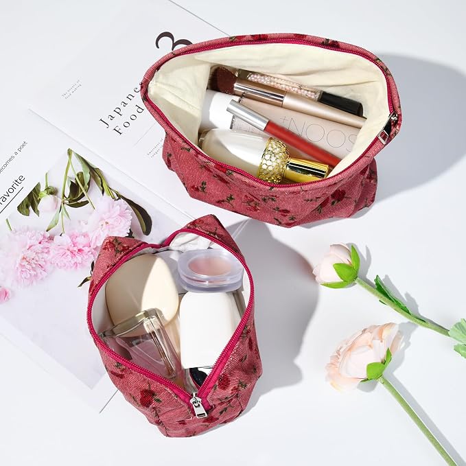 SOIDRAM 2 Pieces Rose Makeup Bag Large Cosmetic Bag Capacity Canvas Mix Travel Toiletry Bag Organizer Cute Makeup Brushes Aesthetic Accessories Storage Bag for Women, Rose Mix Green Red - Image 5