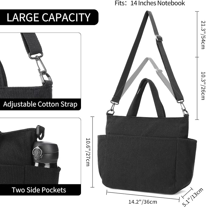 Corduroy Tote Bag for Women Crossbody Bags Lightweight Handbags Shoulder Bag with Zipper Pockets for Work Shopping - Image 4
