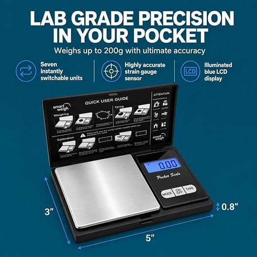 Smart Weigh Precision Digital Gram Scale (200g x 0.01g) – 7 Units (g, oz, ozt, DWT, ct, gn, tl) – Portable Pocket Design for Jewelry, Gems, and Food – Tare Function & Backlit LCD – Battery Included - Image 2