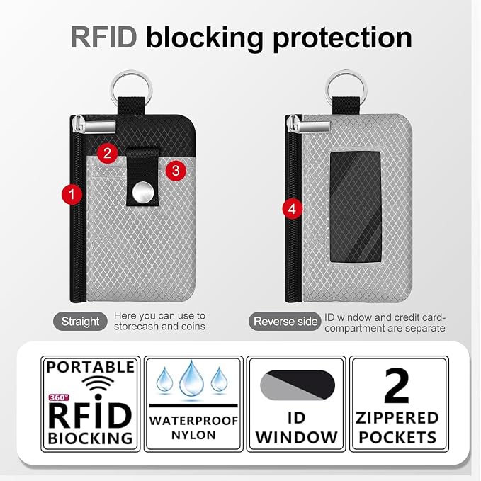 Minimalist RFID Blocking Small Wallet with ID Window,WaterResistant Zip Id Case Wallet with Lanyard Keychain for Cards,Cash,Travel,Women,Men (Light gray/Black) - Image 2