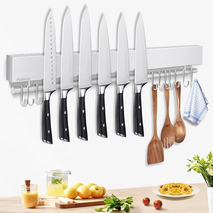 20 inch magnetic knife holder with 10 hooks, no drilling knife magnetic strip, and utensil hanger for wall. Powerful knife magnet rack includes tape and screw by Unknown