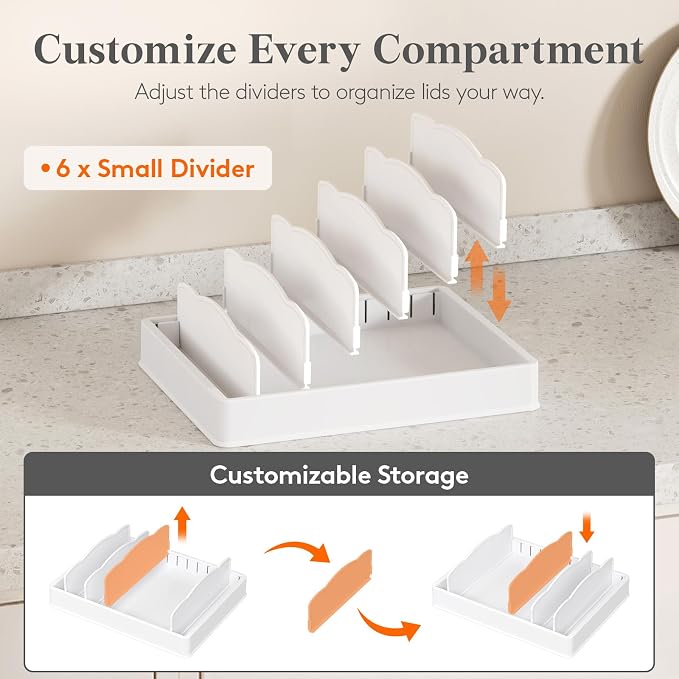 Lifewit Kitchen Cabinet Organizer for Food Contanier Lid with 7 Sections | Lid Holder with 6 Adjustable Dividers for Pantry Organizers and Storage, Home Drawer Organization, White, Large, 13" x 10" - Image 5