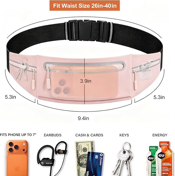 Slim Running Belt for Women Men,Phone Holder Waist Pack,Runners Fanny Pack | No-Bounce,Sweat-Proof Pocket,Travel Money Pouch for Gym/Hiking/Cycling,Three pocket,Two Highly Reflective Strips - Image 3
