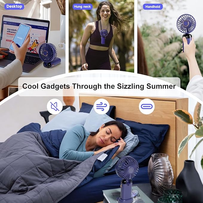 Portable Handheld Fan, 12 hours, Upgrade 3200mAh Portable Fan with LED Display, 90° Foldable, 5 Speed Wind,Hand Held/Neck/Desk 3 in 1 Personal Small Fans, Makeup Fans for Women (Purple) - Image 4