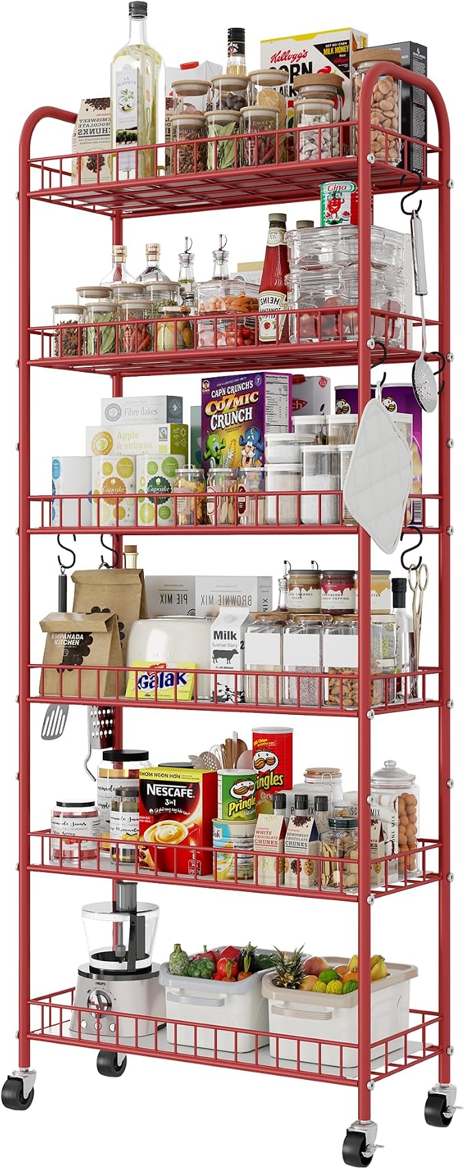 Slim Rolling Storage Cart, 6 Tier Metal Kitchen Rolling Utility Cart with Lockable Wheels for Kitchen, Bathroom, Laundry Room, Small Narrow Spaces (Red 10 Inches) by Qiaoxuan