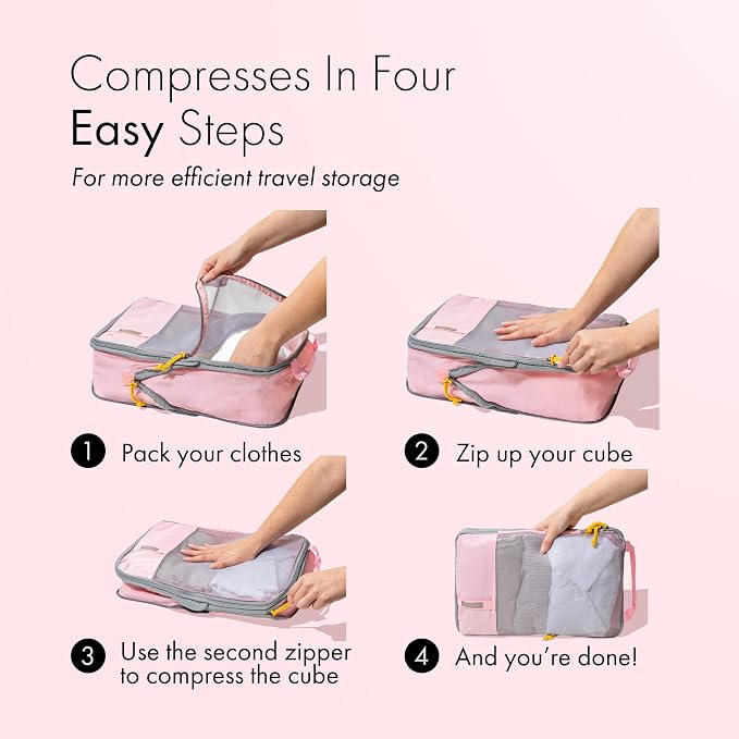 (Not Made In China) 6pc Compression Packing Cubes For Travel, Suitcase and Luggage Space Saver Organizer Bags, Lightweight, Waterproof, Durable, Pink - Image 3