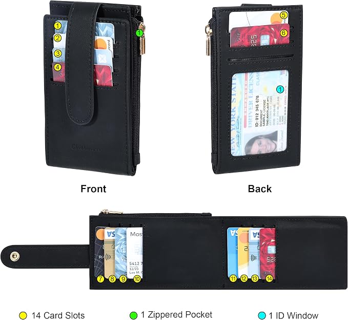 Chelmon Women's RFID Slim Card Holder Wallet | Thin Bifold Multi Card Case with Zipper Coin Pocket Purse for Women(Black Smooth) - Image 3