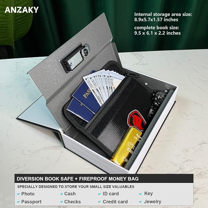 Dictionary Diversion Book Safe with Combination Lock and Fireproof Money Bag, ANZAKY Dictionary Storage Box for Cash Safe Hidden, Money Hiding Box, Secret Portable Metal Compartment Safe - Image 3