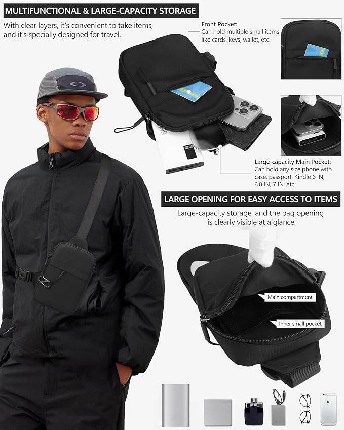 Peicees Travel Sling Bag for Men Small Crossbody Bag Anti Theft | Mini Chest Bag, Passport Bag, Water-resist Oxford, Pickpocket Theft Proof, 2.2L Compact Size, Adjustable Strap - Image 4