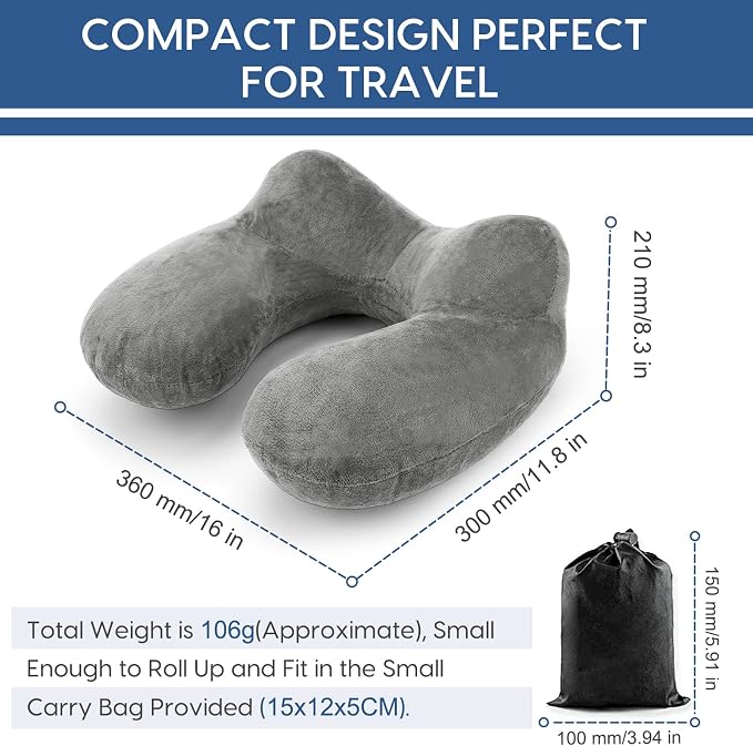 Inflatable Travel Pillow for Airplane Inflatable Neck Pillow for Traveling with Soft Velvet Washable Cover for Sleeping, Airplane,Train, Car, Office, Contoured Eye Masks, Earplugs - Image 6