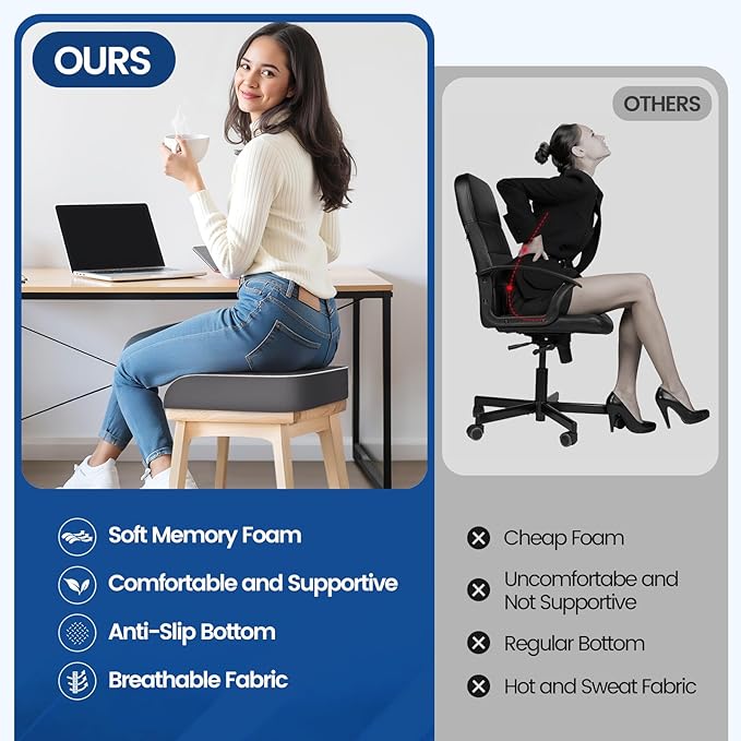 SweetSlubr Seat Cushion, Chair Pad, Memory Foam Tailbone Pain Relief | Office Chair Cushion for Tailbone Pain Relief, Non-Slip Cover, Soft Support for Office Chair, Car Seat, Airplane,X-Large/Gray - Image 5